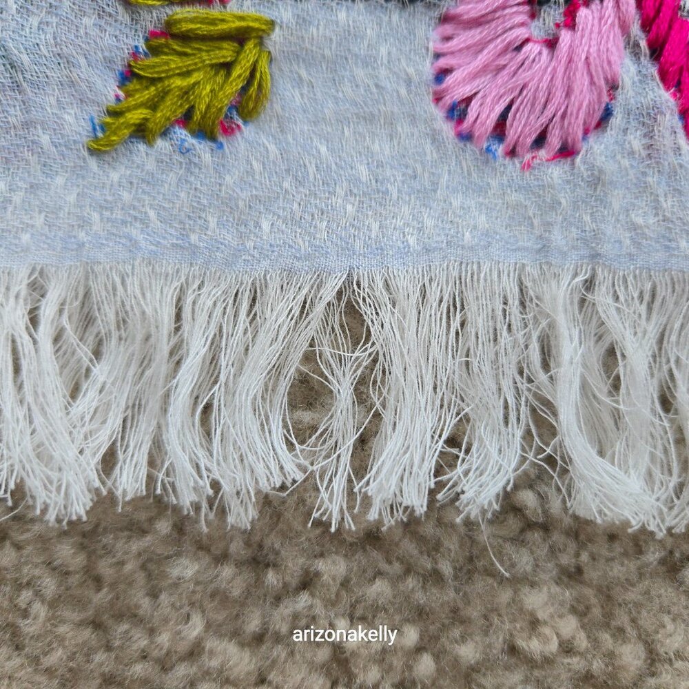 Crinkle Cotton Scarf With Colorful Yarn Flowers Hand-Embroidered Boho - Picture 9 of 12